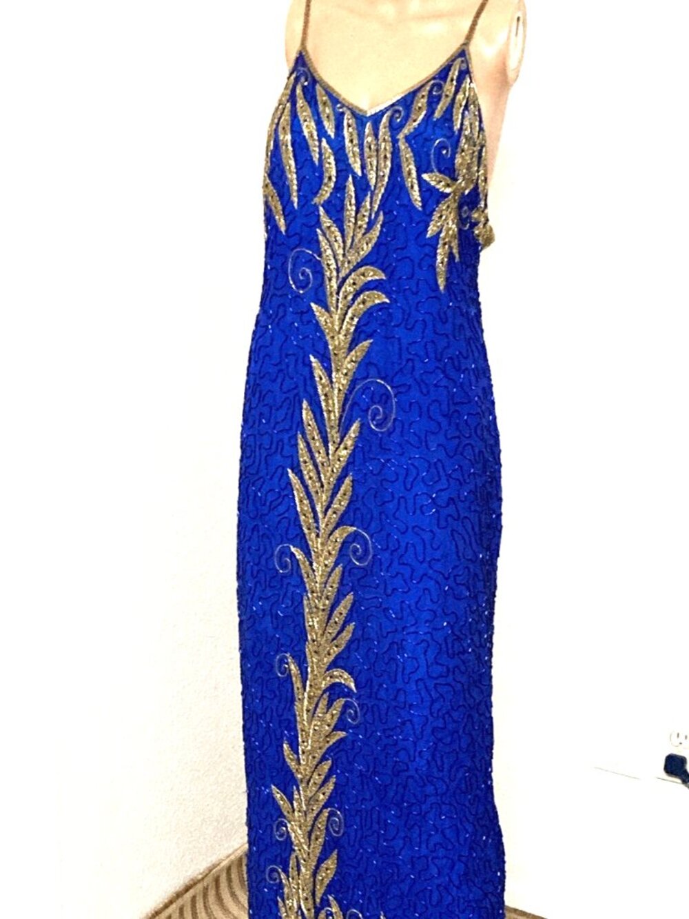 Royal Blue Gold Beaded Sequin Evening Gown Maxi Dress Formal Ornate Full Length